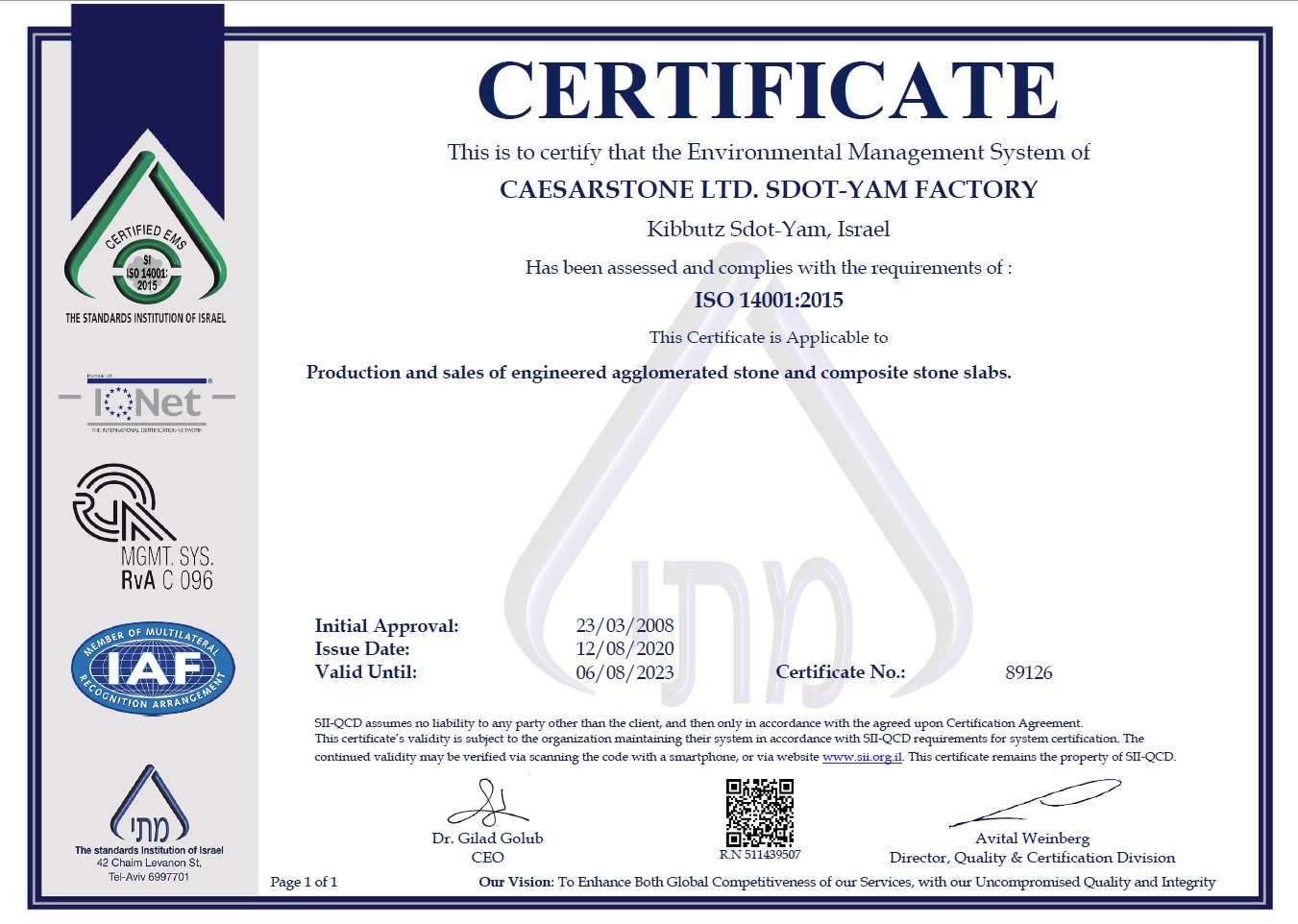 Caesarstone. Certificat ISO 14001-2015